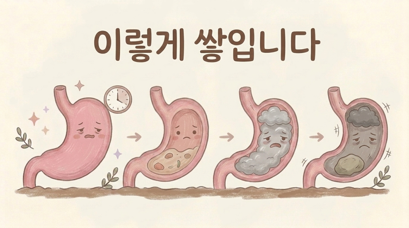 소화력 저하부터 정체와 굳어짐까지 담적이 쌓이는 네 단계를 그린 일러스트