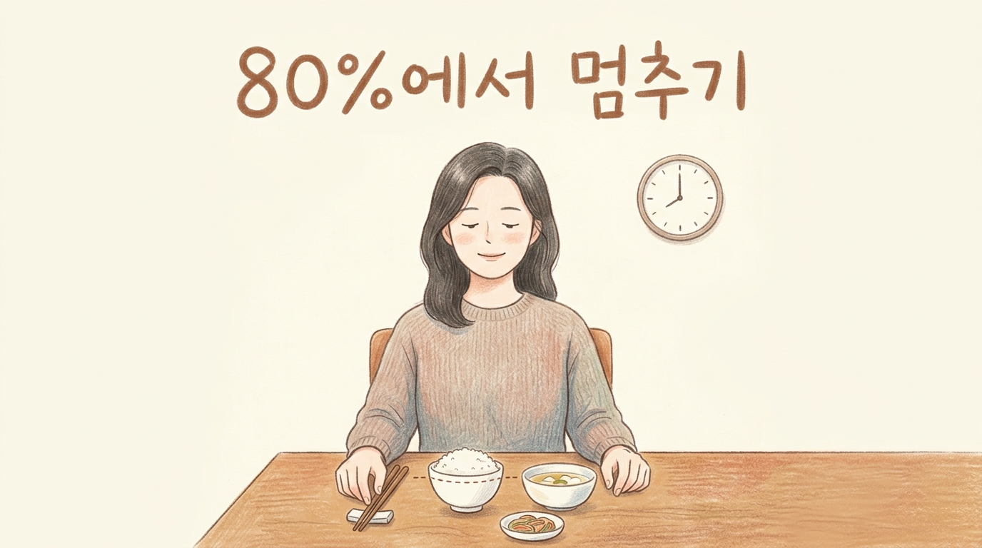 배부름의 80%에서 멈추고 천천히 먹는 식사를 그린 일러스트