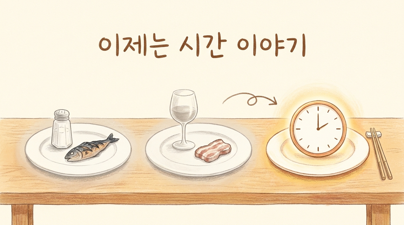 이미 다룬 음식 이야기를 정리하고 오늘의 주제로 넘어가는 일러스트