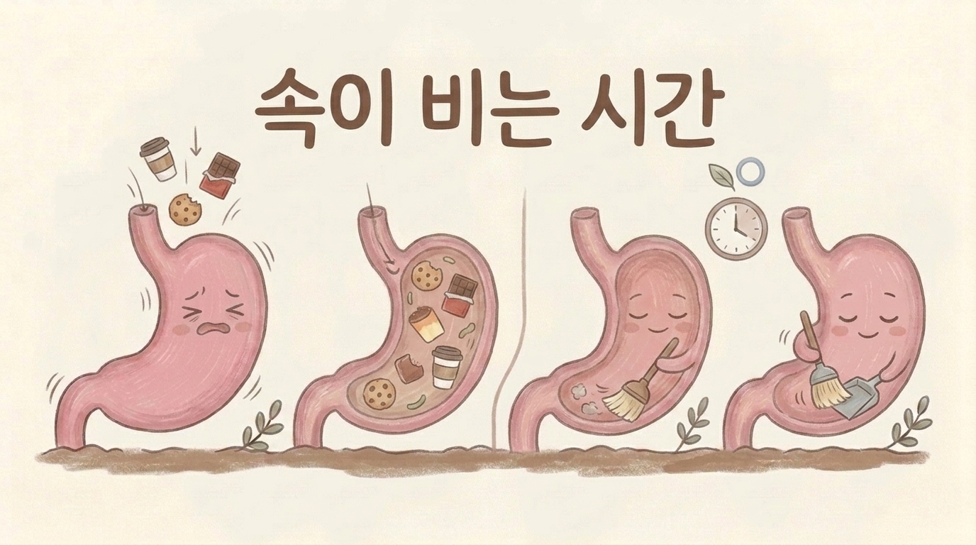 식사 사이 빈 시간에 위가 청소 운동을 하는 모습을 그린 일러스트
