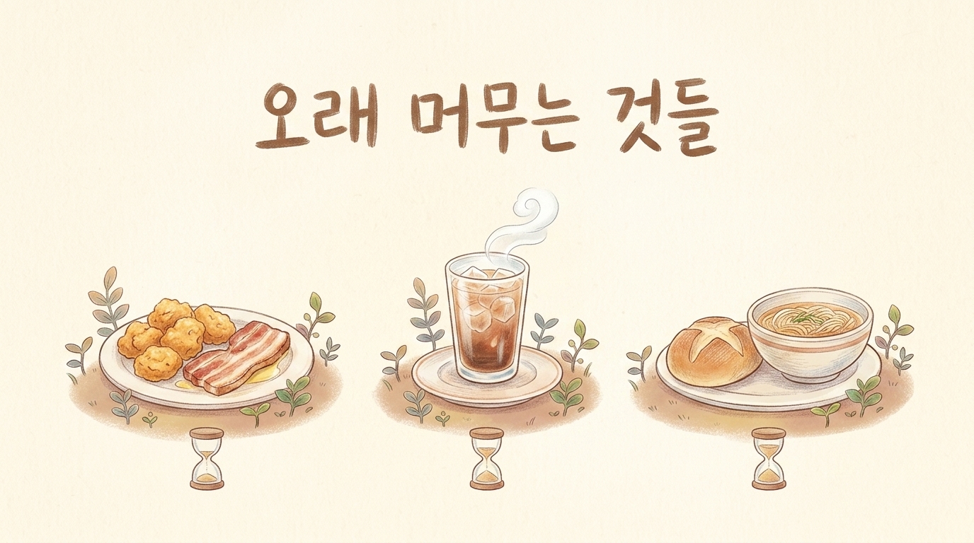 기름진 음식과 찬 음식, 밀가루 음식이 위에 오래 머무는 것을 그린 일러스트