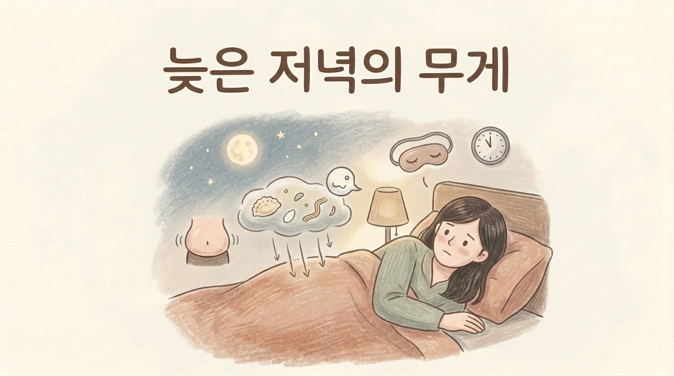 늦은 저녁 식사 후 바로 누우면 음식이 밤새 머무는 상황을 그린 일러스트