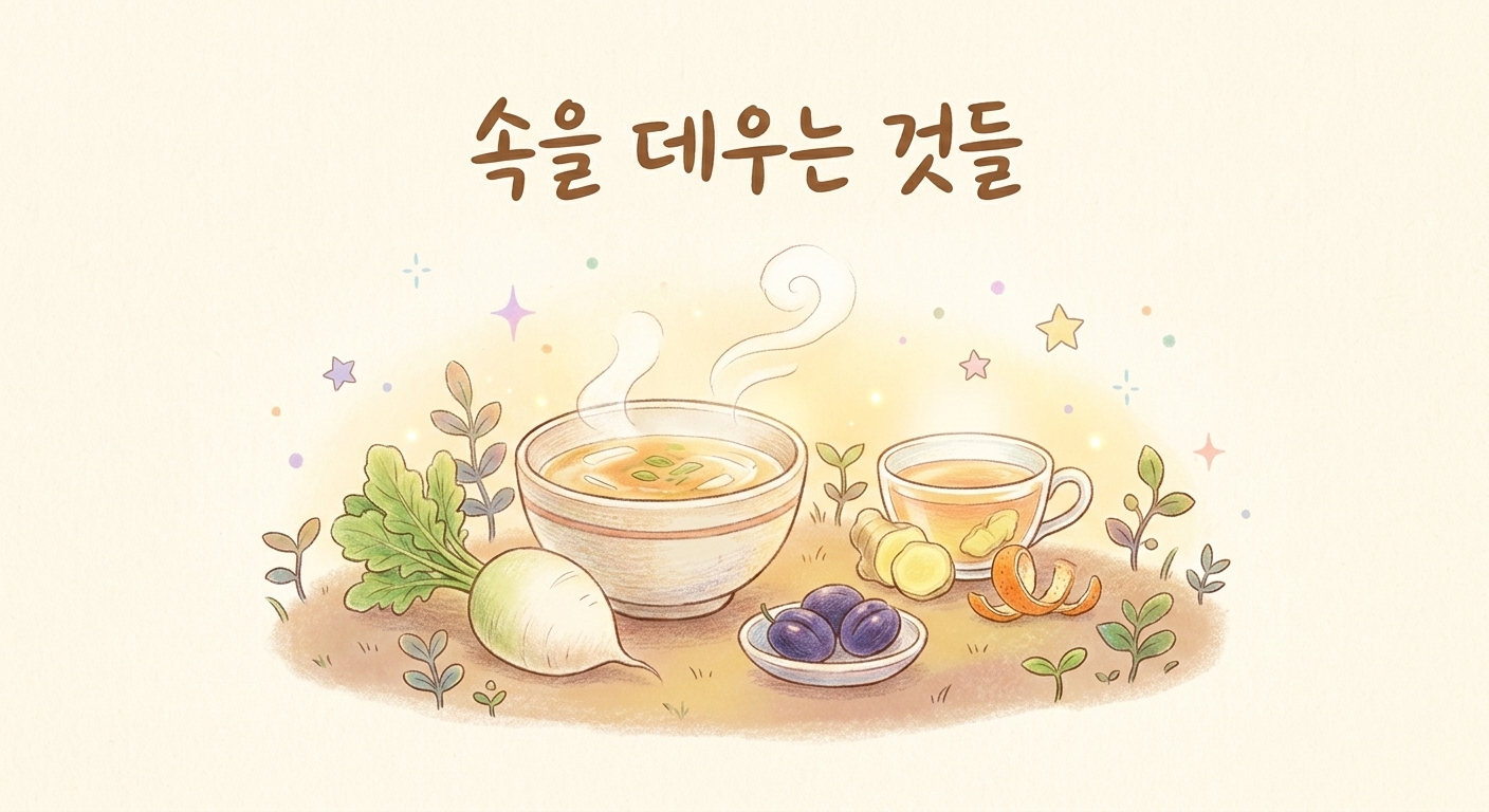 따뜻한 국물과 무, 생강차 등 속을 데우는 음식을 그린 일러스트