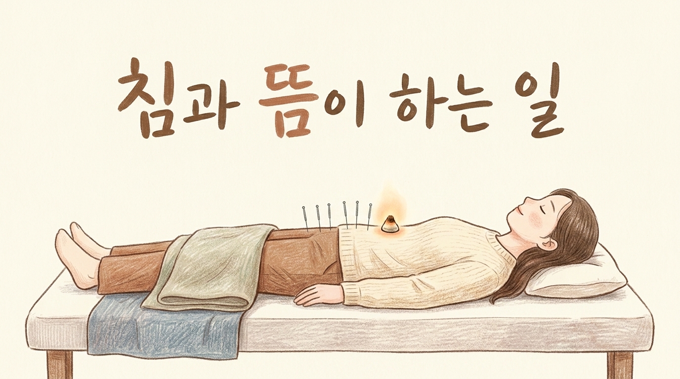 침과 뜸으로 명치와 배를 풀어 주는 치료를 그린 일러스트