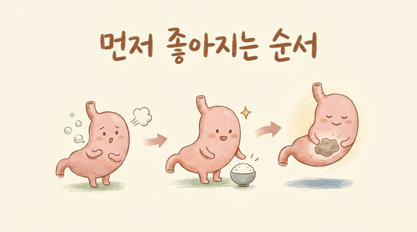 트림과 더부룩함, 식욕과 기운, 명치 순으로 좋아지는 경과를 그린 일러스트