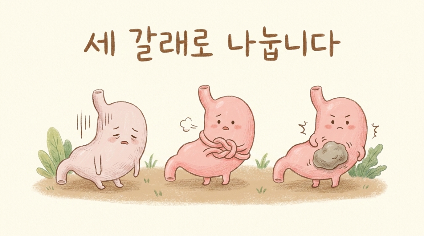기운이 약한 쪽, 막힌 쪽, 굳은 쪽 세 갈래를 나누는 일러스트
