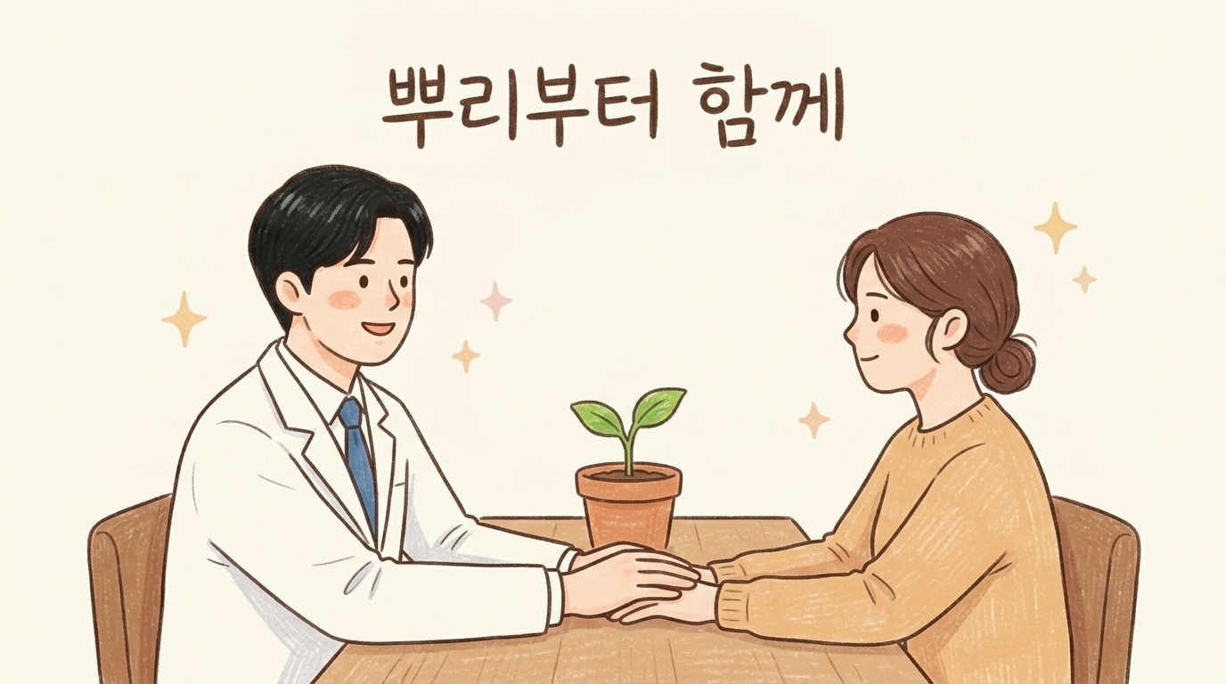 한의사 캐릭터가 환자와 따뜻하게 상담하며 응원하는 모습을 그린 일러스트