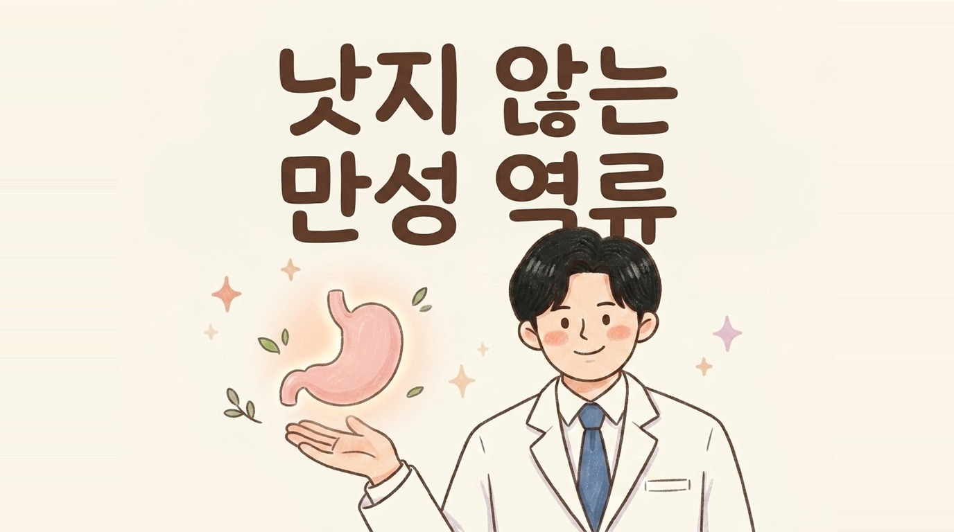 낫지 않는 만성 역류를 설명하는 한의사 캐릭터 일러스트