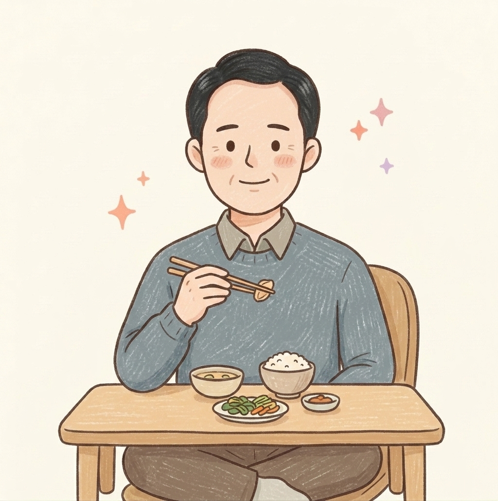 식사를 천천히 여유롭게 하는 모습을 그린 일러스트