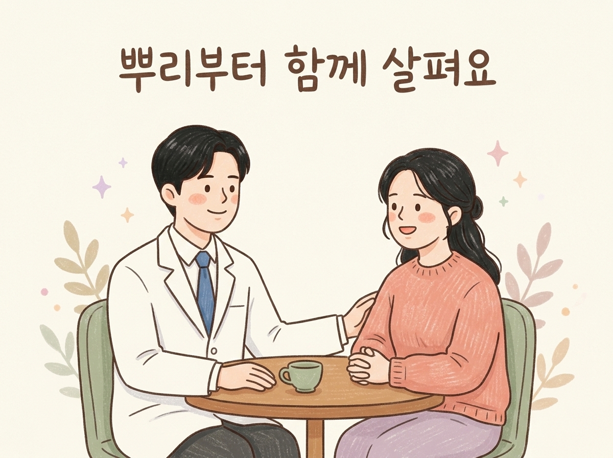 한의사 캐릭터가 따뜻하게 상담하며 응원하는 모습을 그린 일러스트