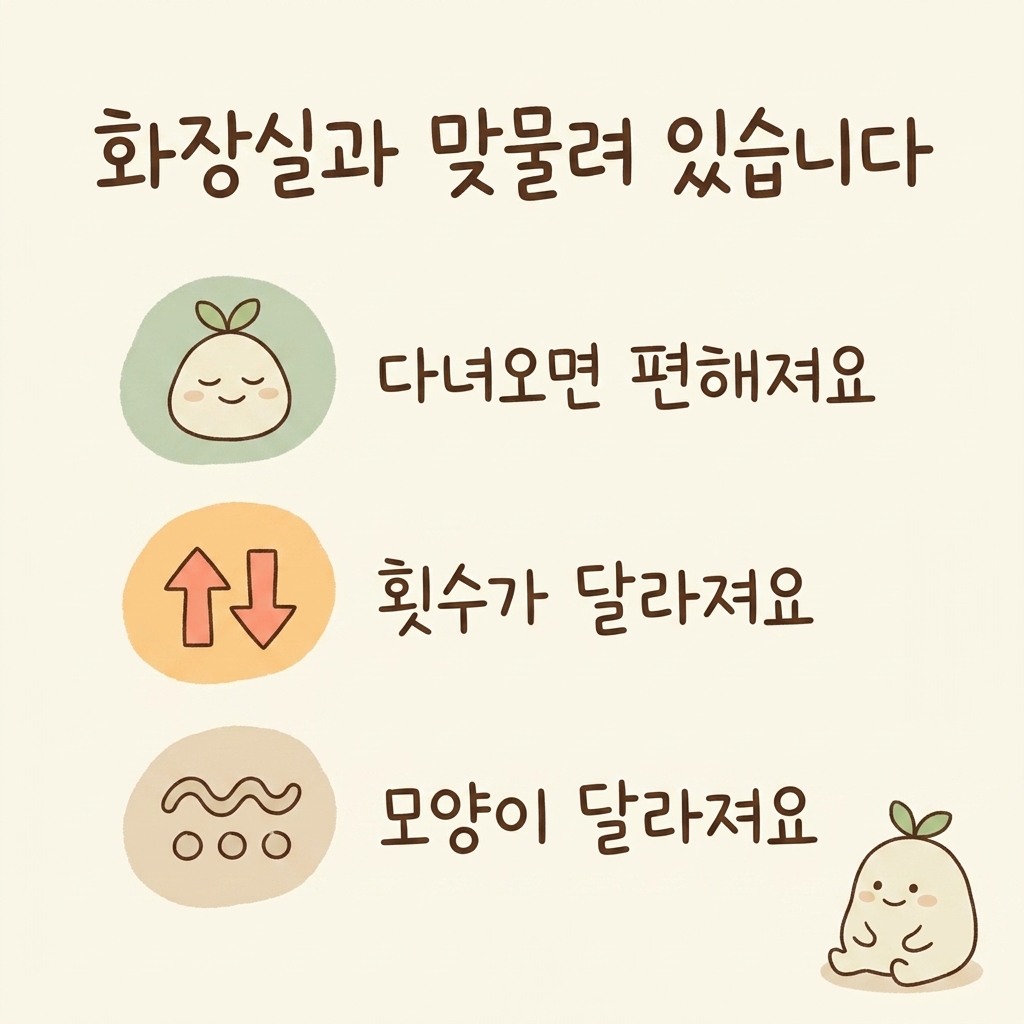 복통과 배변이 맞물려 나타나는 과민성 대장증후군의 특징을 그린 일러스트