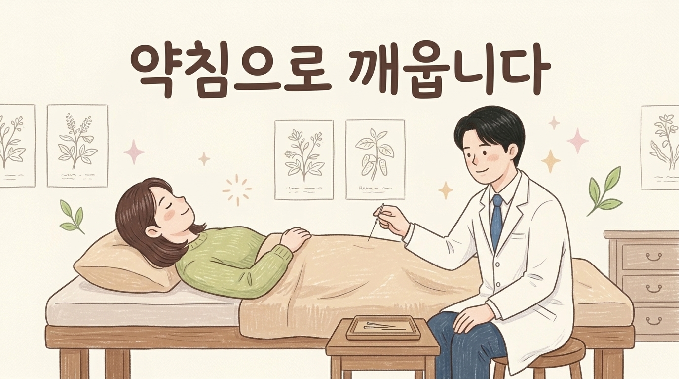 위장과 연결된 경혈에 약침 치료를 시행하는 모습의 일러스트