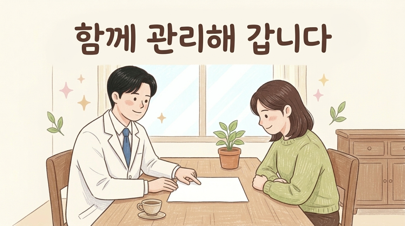 내시경 결과지를 함께 보며 관리 계획을 세우는 한의사와 환자 일러스트