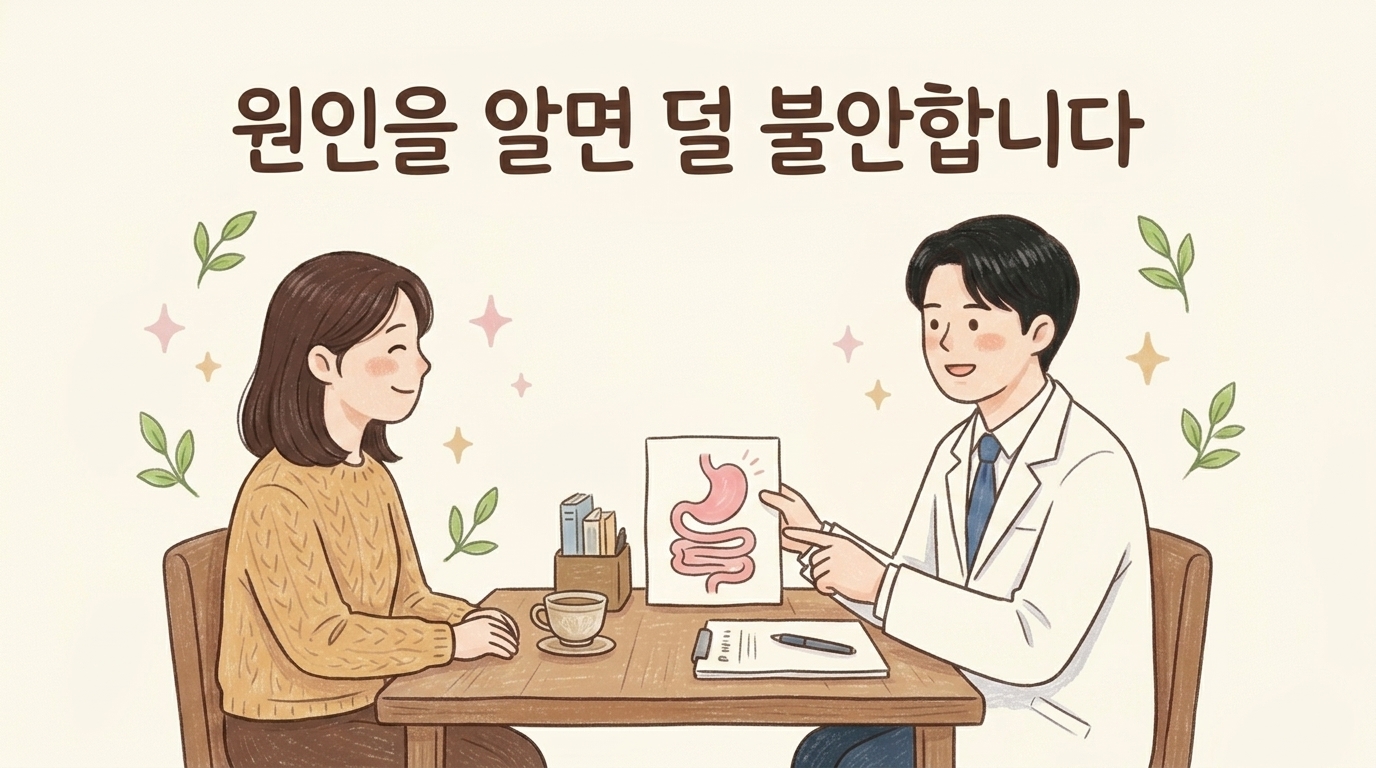 환자와 함께 위 상태를 짚어보며 상담하는 한의사 일러스트