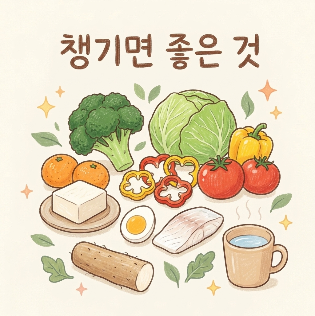 브로콜리 양배추 토마토 두부 등 위 점막에 좋은 식재료 일러스트
