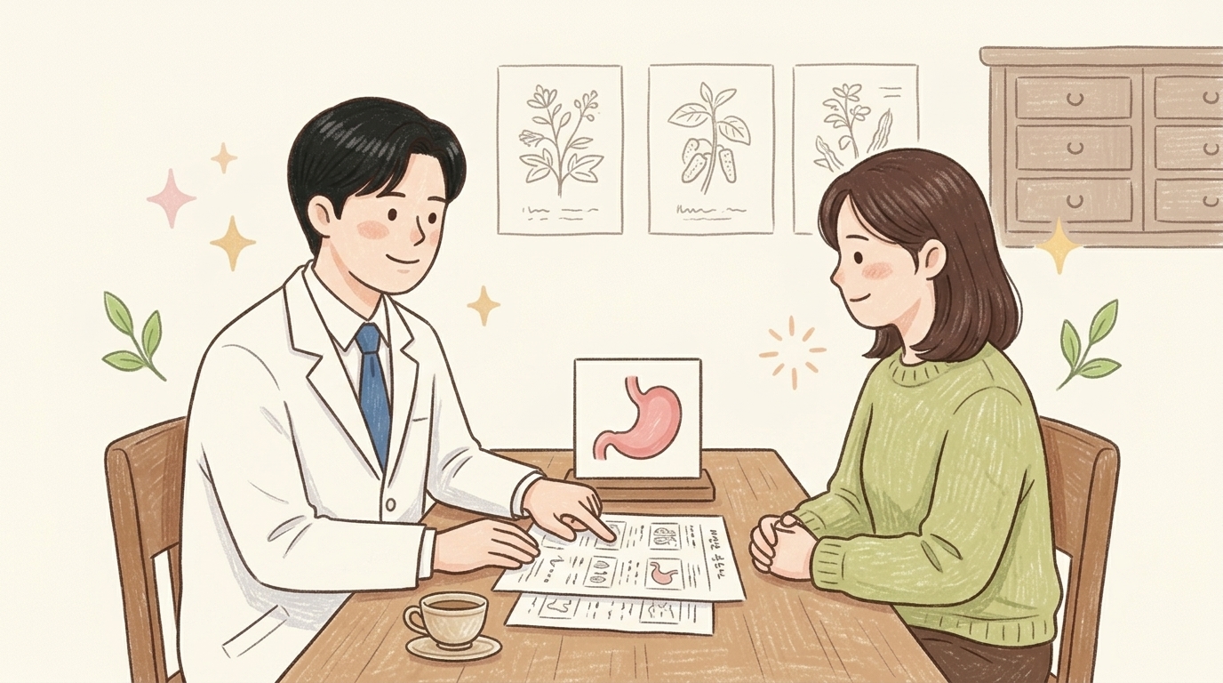 검진 결과지를 함께 보며 상담하는 한의사와 환자 일러스트