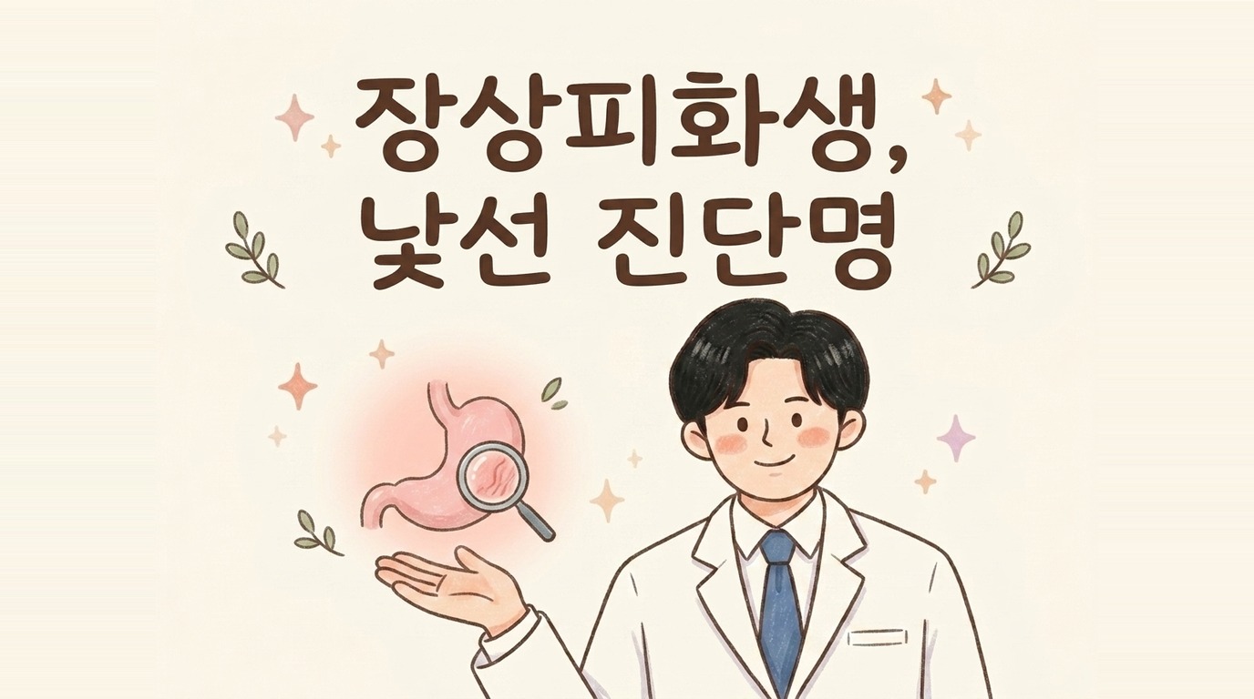 장상피화생이라는 낯선 진단명을 설명하는 한의사 캐릭터 일러스트