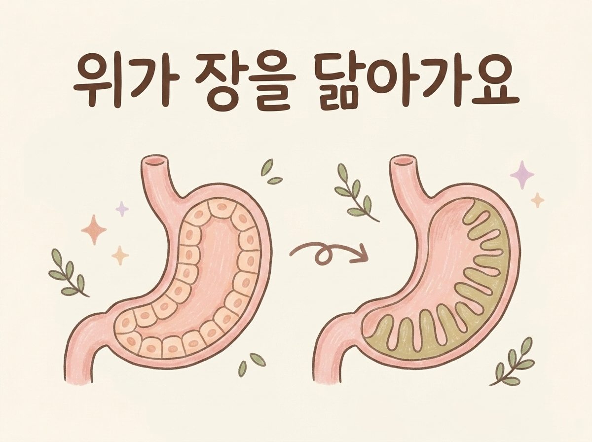 위 점막이 장 점막을 닮은 세포로 바뀌는 과정을 그린 일러스트