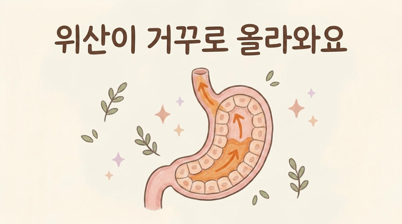 위산이 위에서 식도로 거꾸로 올라오는 과정을 보여 주는 개념 그림