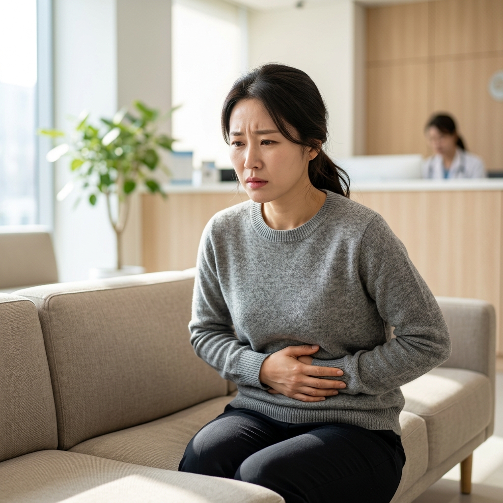 복통 증상을 겪고 있는 환자 모습
