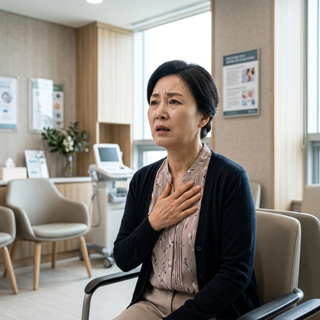 천식으로 고통받는 한국인 여성 환자 모습