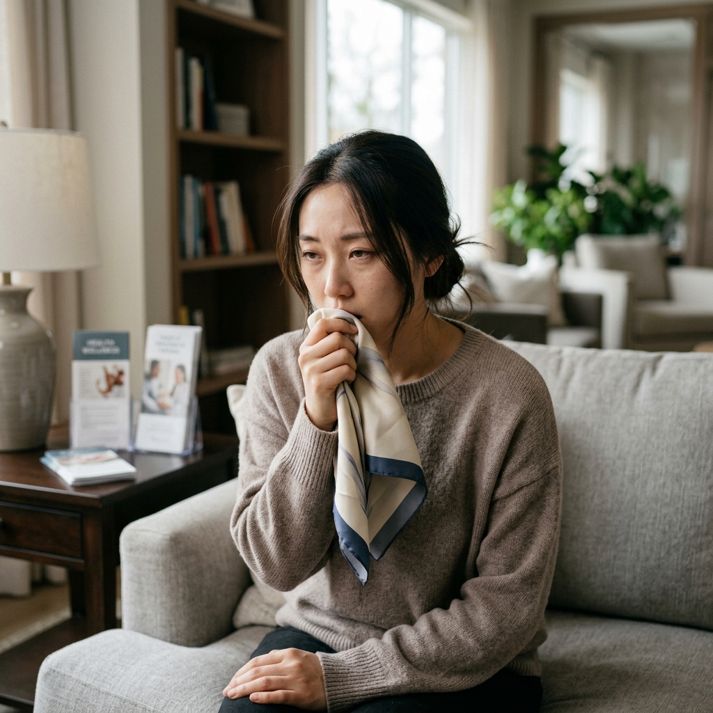 만성 기침으로 고통받는 한국인 여성 환자 모습