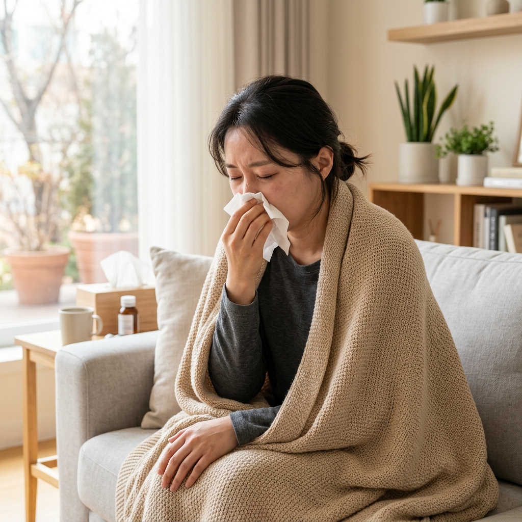 감기로 고통받는 한국인 여성 환자 모습
