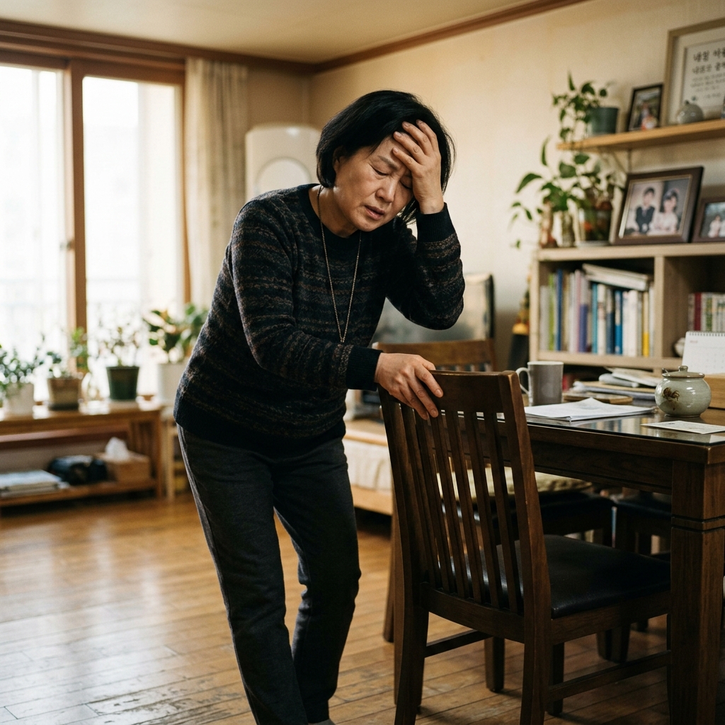 어지럼증으로 고통받는 한국인 여성 환자