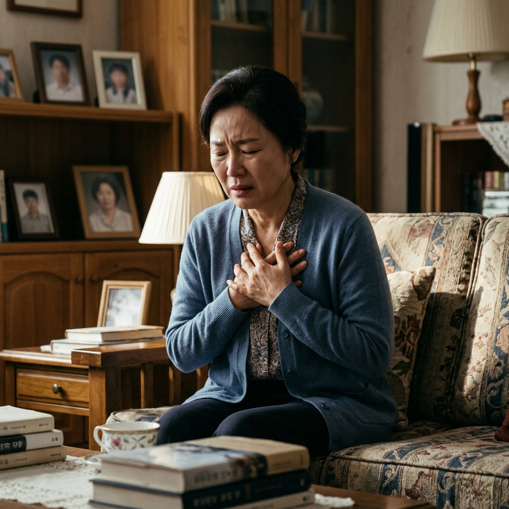 화병으로 가슴 통증을 느끼는 한국인 중년 여성 환자 모습