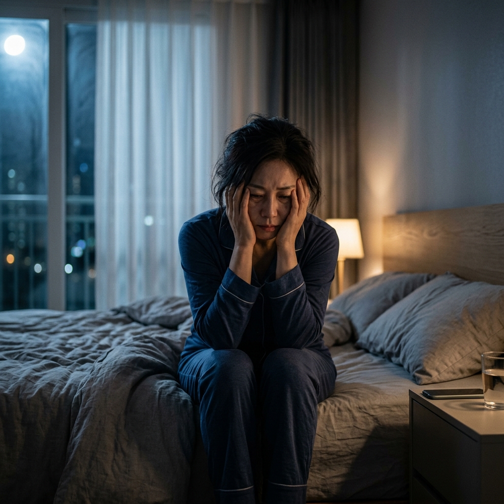 불면증으로 고통받는 한국인 여성 환자 모습