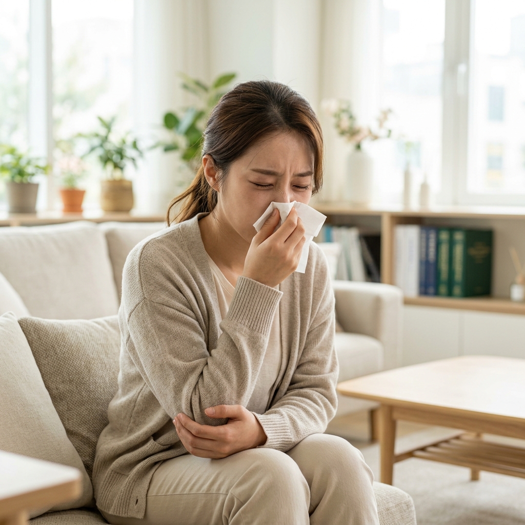 비염으로 고통받는 한국인 여성 환자 모습