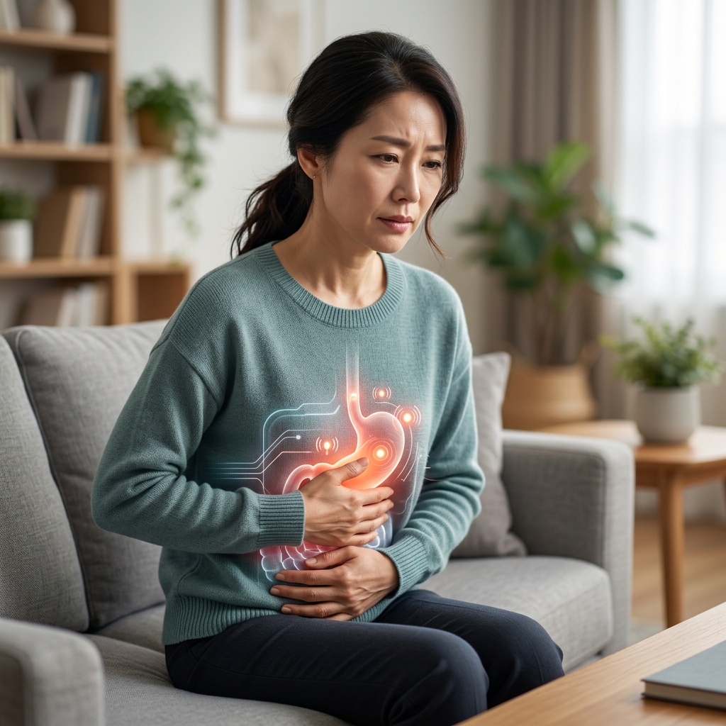 40대 한국인 여성 환자가 일상 생활(가정집)에서 명치 통증을 호소하는 그래픽